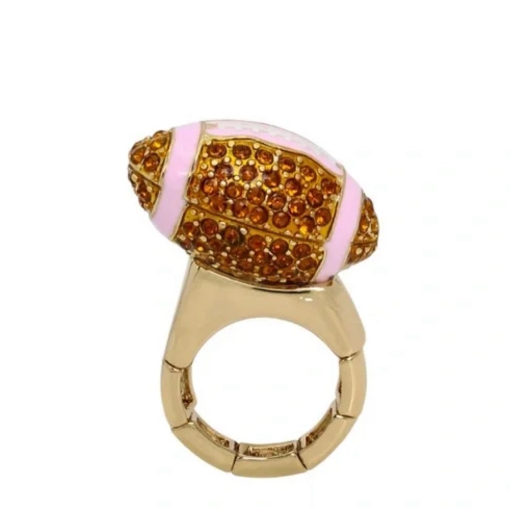 BETSEY JOHNSON  Orange Crystal Pink Enamel Football Cocktail adjustable Ring NEW - Picture 5 of 6